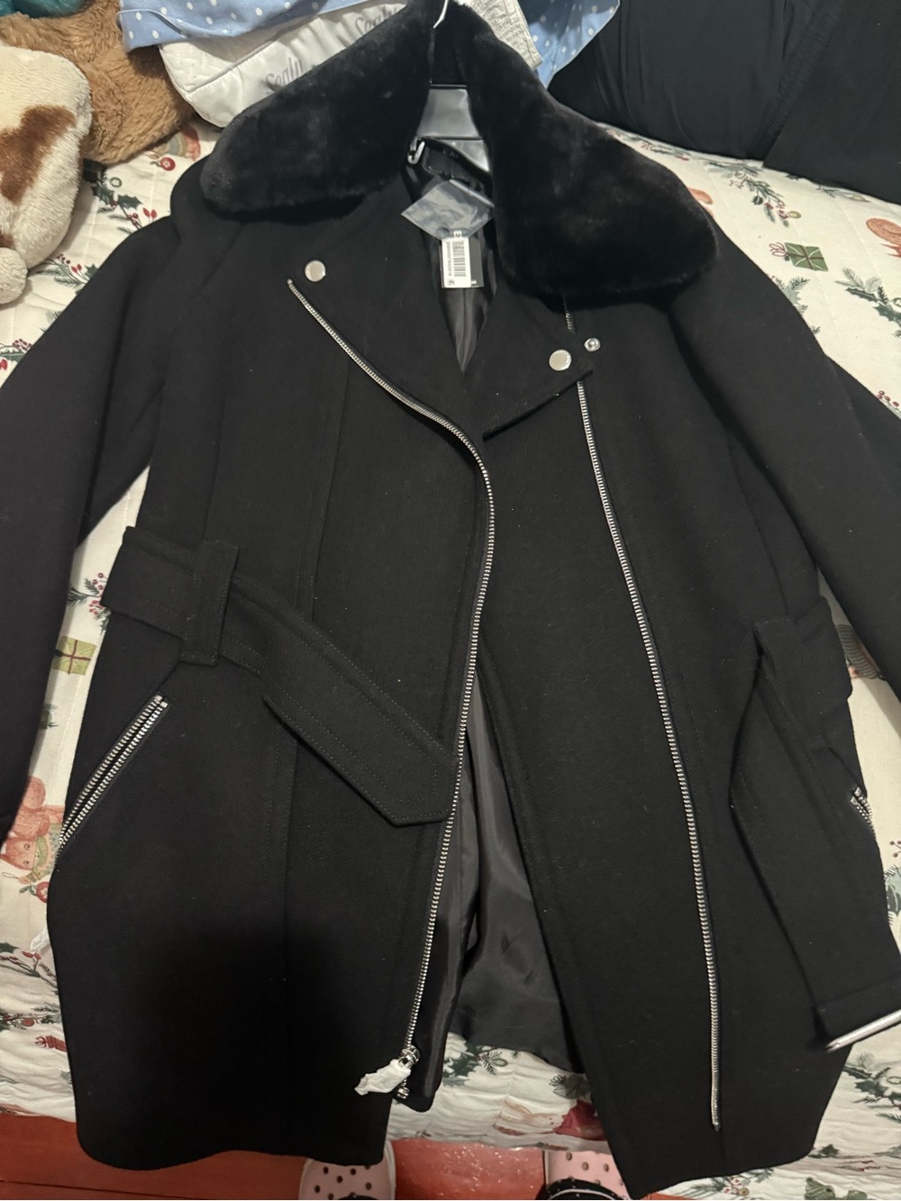 Black Faux-Fur Collar Express 
Wool Blend Women's Coat